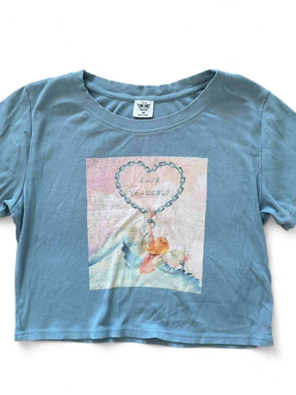 Boys Lie Blue Graphic Crop Tee with Pastel Heart Chain